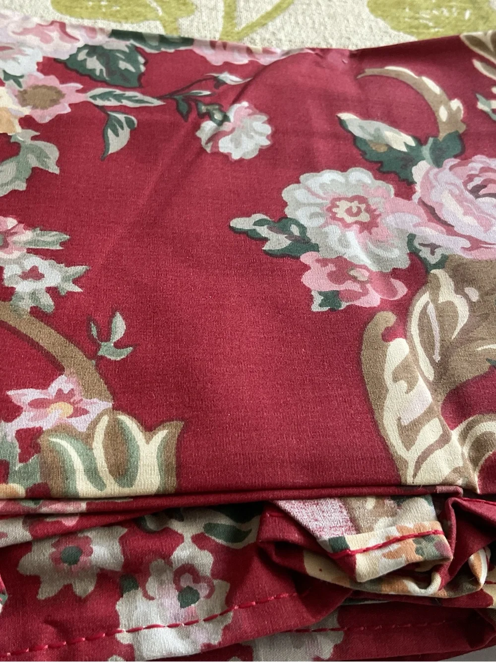 VTG Lauren Ralph Lauren Marseilles Red Floral Ruffle Twin Flat Sheet- NEW, USA
